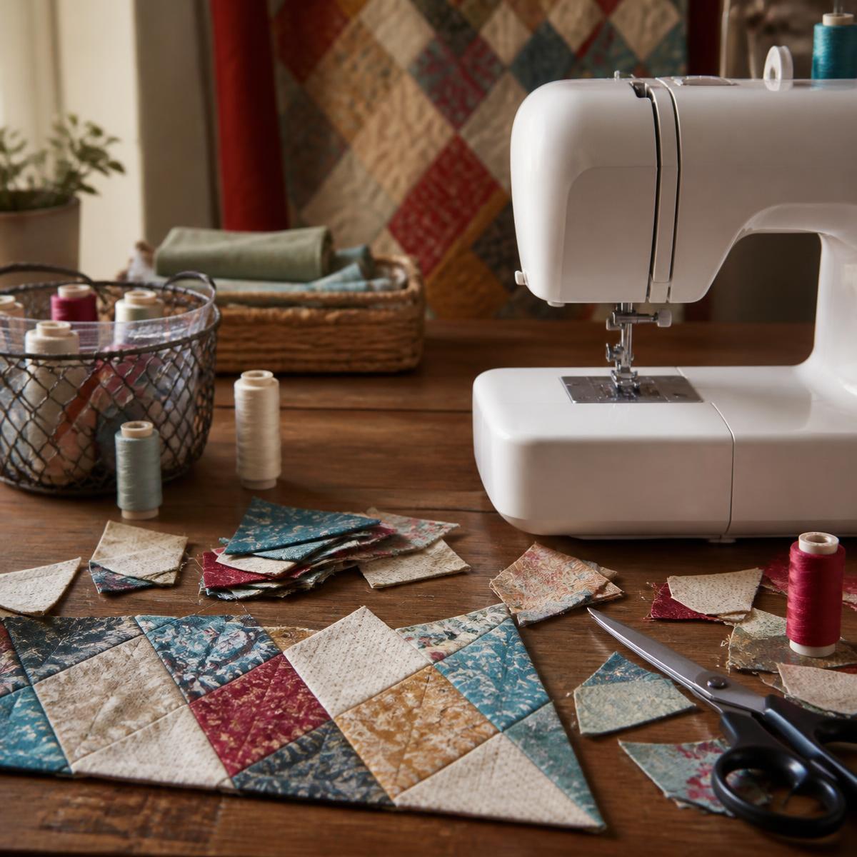 Quilter's workstation with fabric, thread and sewing machine